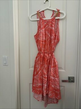 Michael Kors Coral and White Palm-Print Dress with Chain Strap